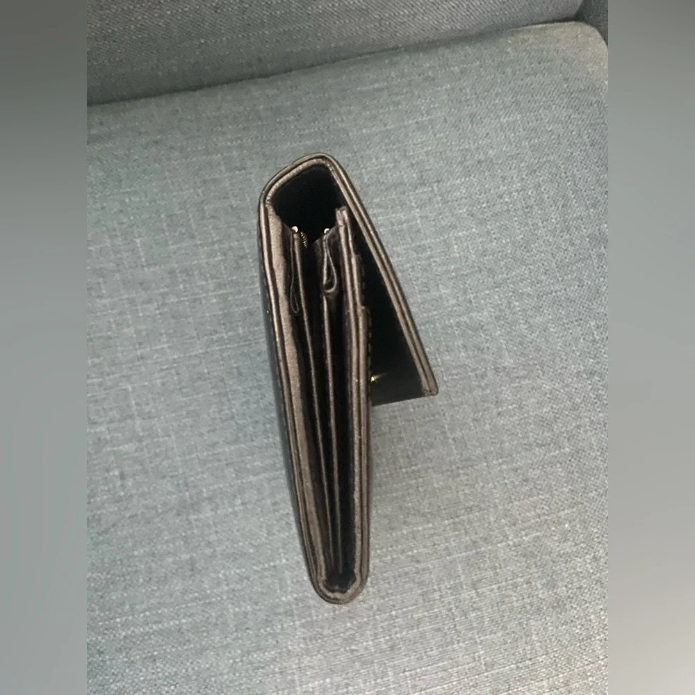 Authentic Dior Black Patent Leather Wallet Clutch with Fold-Over Design Silver